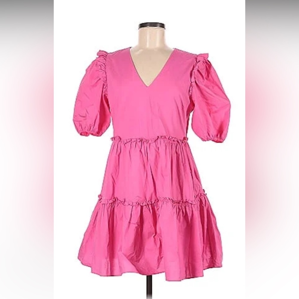 Hot Pink Puff-Sleeve Tiered V-Neck Dress